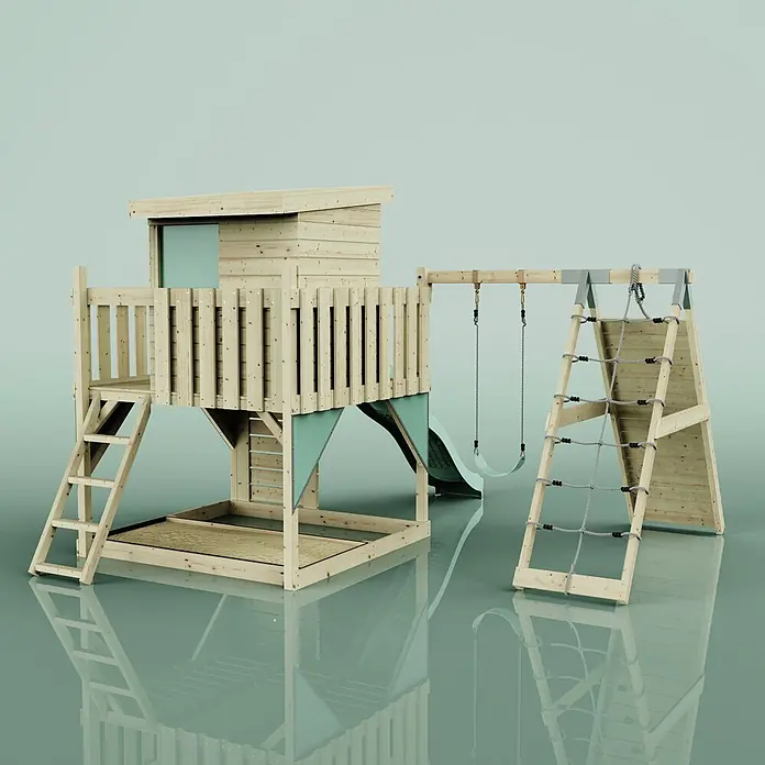 OutdoorToys Kinderspielturm Freja Kinderschaukel; - Holz, Grün - Holz-Kinderspielplatz mit Spielhaus, Rutsche, Sandkasten, Schaukel und Kletternetz. Naturholz mit hellgrünen Akzenten.