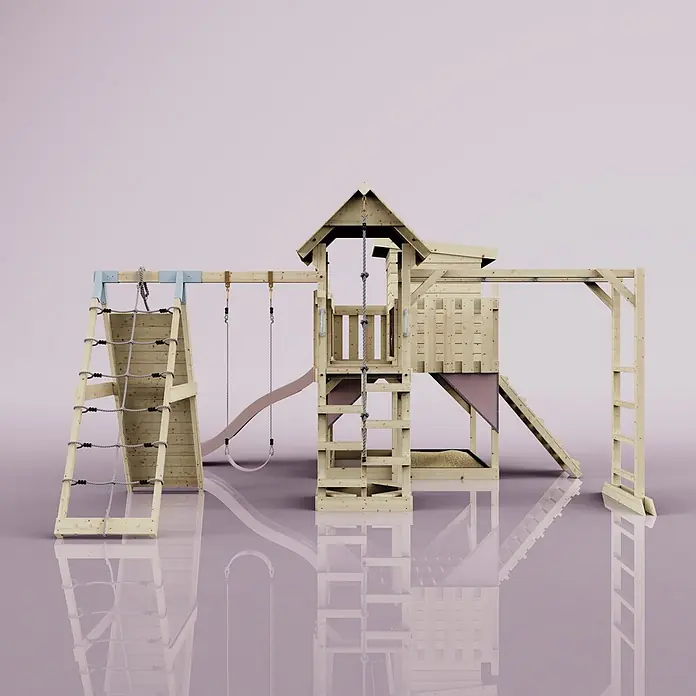 OutdoorToys Kinderspielturm Polarplay Tessa - L x B x H: 490 x 503 x 274 cm, Rosa - Spielturm aus Holz mit Rutsche, Schaukeln, Kletternetz und Sandkastenbereich. Aus Naturholz und hellbraunen Akzenten.