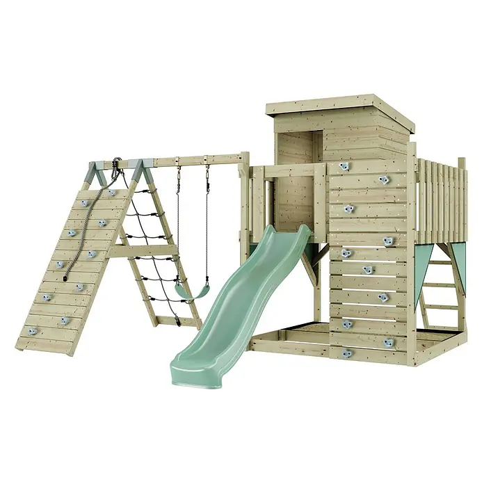 OutdoorToys Kinderspielturm Freja Kinderschaukel; - Holz, Grün - Holz-Spielturm mit Rutsche, Kletterwand, Strickleiter und Schaukeln, in Naturholz-Optik mit hellgrünen Kunststoff-Elementen.