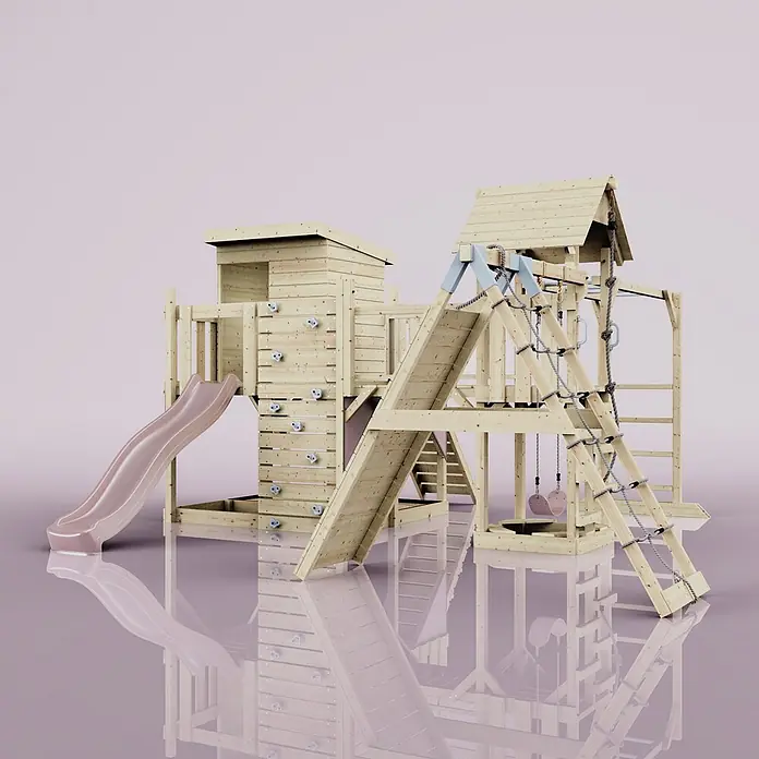 OutdoorToys Kinderspielturm Polarplay Tessa - L x B x H: 490 x 503 x 274 cm, Rosa - Hölzerner Kinderspielturm mit Rutsche, Kletterwand, Schaukeln und Kletternetz.