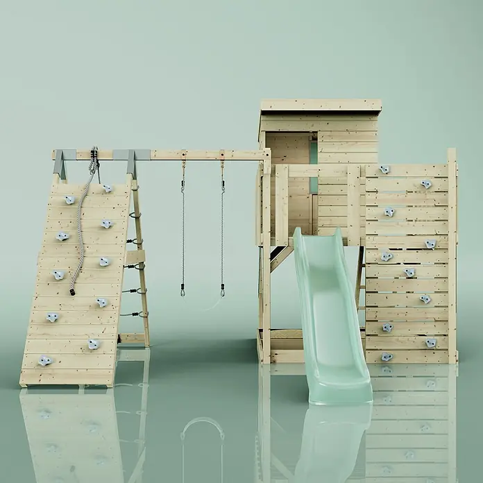 OutdoorToys Kinderspielturm Freja Kinderschaukel; - Holz, Grün - Spielturm aus Holz mit Kletterwand, Schaukel, Spielhaus und hellgrüner Rutsche.
