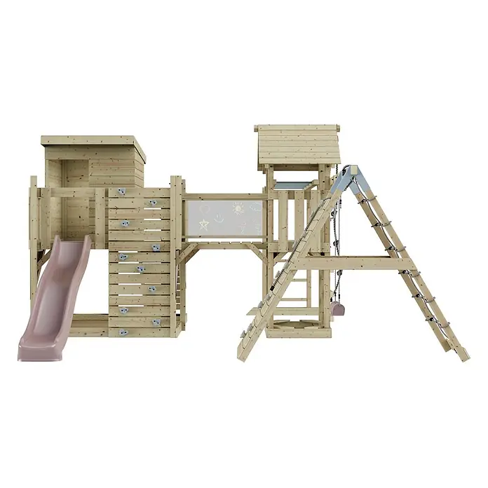 OutdoorToys Kinderspielturm Polarplay Tessa - L x B x H: 490 x 503 x 274 cm, Rosa - Hellholz-Kinderspielplatz mit rosa Rutsche, Kletterwand, Kreidetafel und Strickleiter mit Schaukeln.