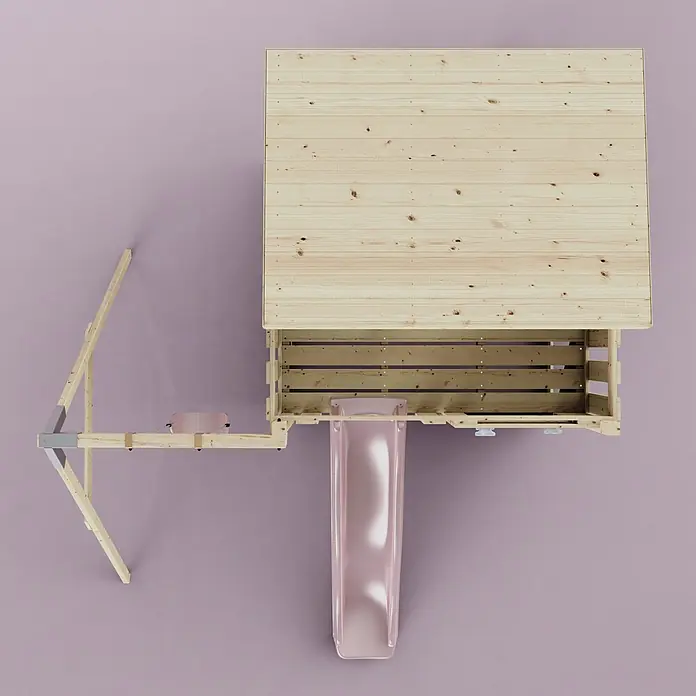 OutdoorToys Kinderspielturm Tjorven - L x B x H: 306 x 415 x 260 cm, Rosa - Draufsicht auf ein hölzernes Kinderspielhaus mit einer hellrosa Rutsche und Schaukel.