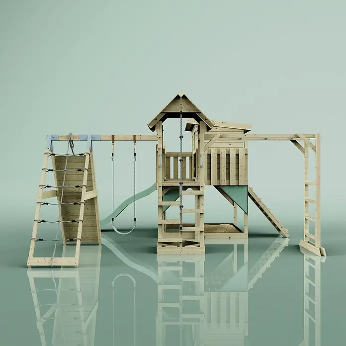 OutdoorToys Kinderspielturm Bene Kinderschaukel; - Holz, Grün - Hölzerner Kinderspielplatz mit Rutsche, Schaukeln, Kletterseil und Leiter für draußen.