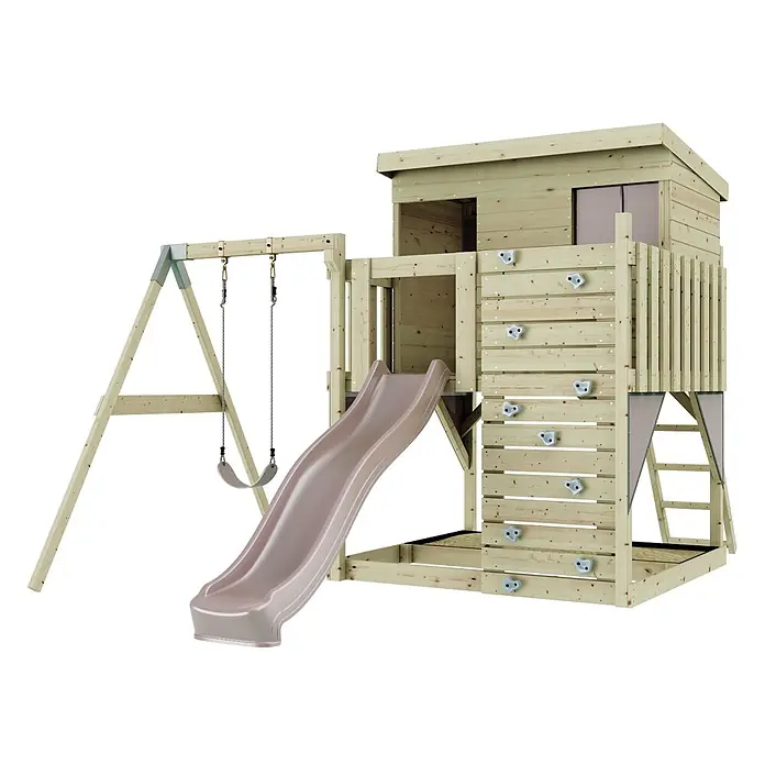OutdoorToys Kinderspielturm Tjorven - L x B x H: 306 x 415 x 260 cm, Rosa - Hölzernes Outdoor-Spielgerät mit hellrosa Rutsche, zwei Schaukeln und Kletterwand.