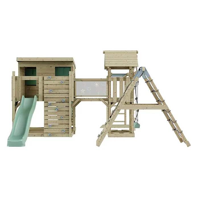 OutdoorToys Kinderspielturm Bene Kinderschaukel; - Holz, Grün - Hölzerner Spielturm mit grüner Rutsche, Kletterwand, Seilleiter, Schaukeln, Stangenleiter und Kreidetafel.