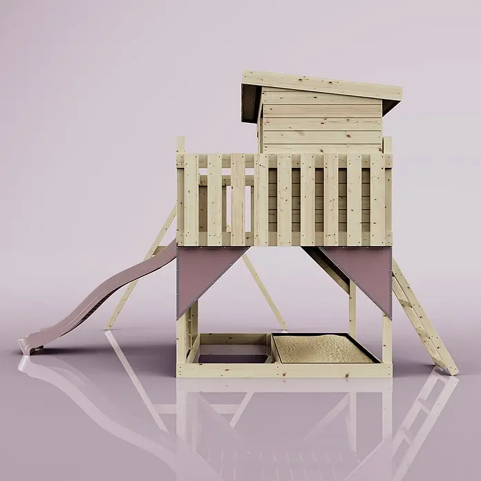 OutdoorToys Kinderspielturm Tjorven - L x B x H: 306 x 415 x 260 cm, Rosa - Holzspielturm mit erhöhtem Haus, Rutsche, Sandkasten und Leiter. Mit Naturholz und bordeauxroten Platten.