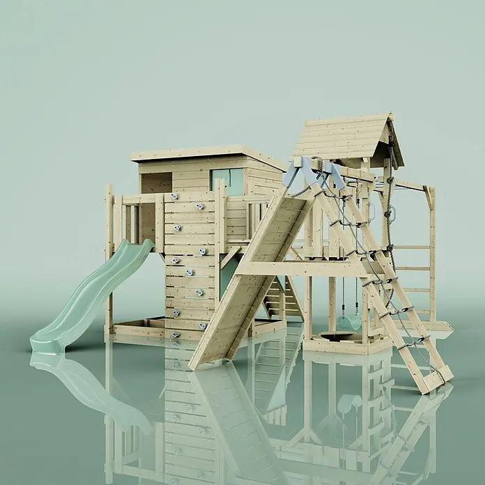 OutdoorToys Kinderspielturm Bene Kinderschaukel; - Holz, Grün - Hölzerner Spielturm mit grüner Rutsche, Kletterwand, Strickleiter und Schaukeln.