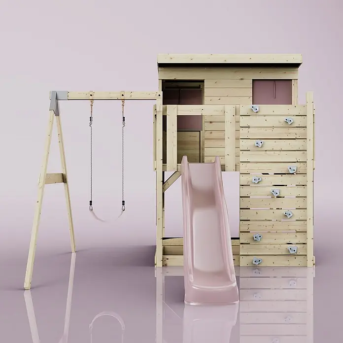 OutdoorToys Kinderspielturm Tjorven - L x B x H: 306 x 415 x 260 cm, Rosa - Hölzernes Spielset mit rosa Rutsche, Schaukel und Kletterwand. Die Struktur umfasst ein kleines Spielhaus.