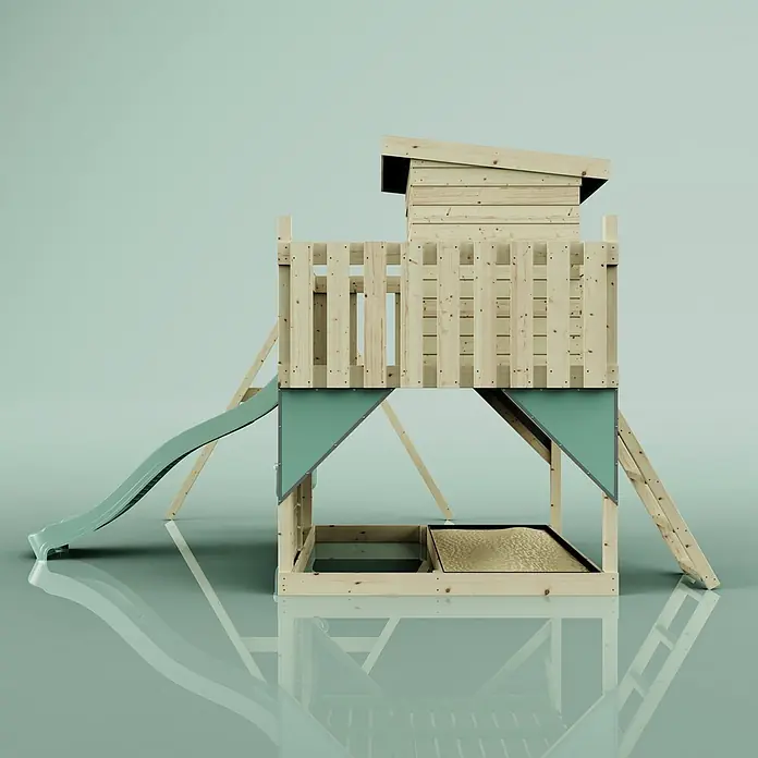 OutdoorToys Kinderspielturm Alma - L x B x H: 306 x 415 x 260 cm, Grün - Holzspielhaus mit grüner Rutsche und integriertem Sandkasten für Kinder.
