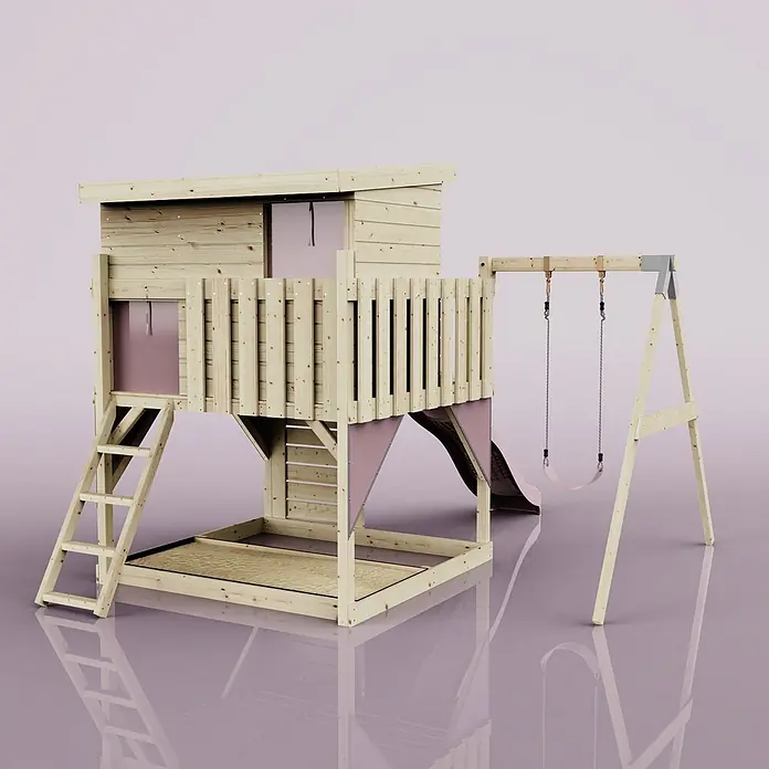 OutdoorToys Kinderspielturm Tjorven - L x B x H: 306 x 415 x 260 cm, Rosa - Hölzernes Outdoor-Spielset mit erhöhtem Spielhaus, Leiter, Rutsche, Sandkasten und Schaukel. Helles Holz mit rosa Akzenten.