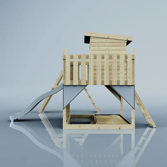 OutdoorToys Kinderspielturm Freja Kinderschaukel; - Holz, Blau - Holzspielhaus mit grauer Rutsche, Leiter und integriertem Sandkasten darunter.