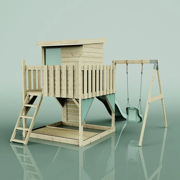 OutdoorToys Kinderspielturm Alma - L x B x H: 306 x 415 x 260 cm, Grün - Holzspielplatz mit erhöhtem Spielhaus, Rutsche und Schaukel. Aus Naturholz und hellgrünen Akzenten.