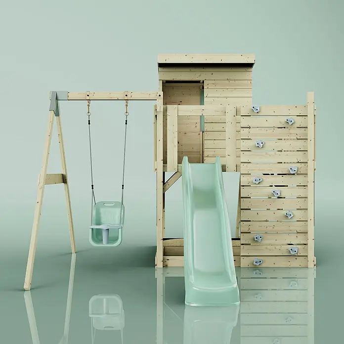 OutdoorToys Kinderspielturm Alma - L x B x H: 306 x 415 x 260 cm, Grün - Holzspielplatz-Set mit hellgrüner Rutsche, Babyschaukel und Kletterwand mit grauen Griffen.