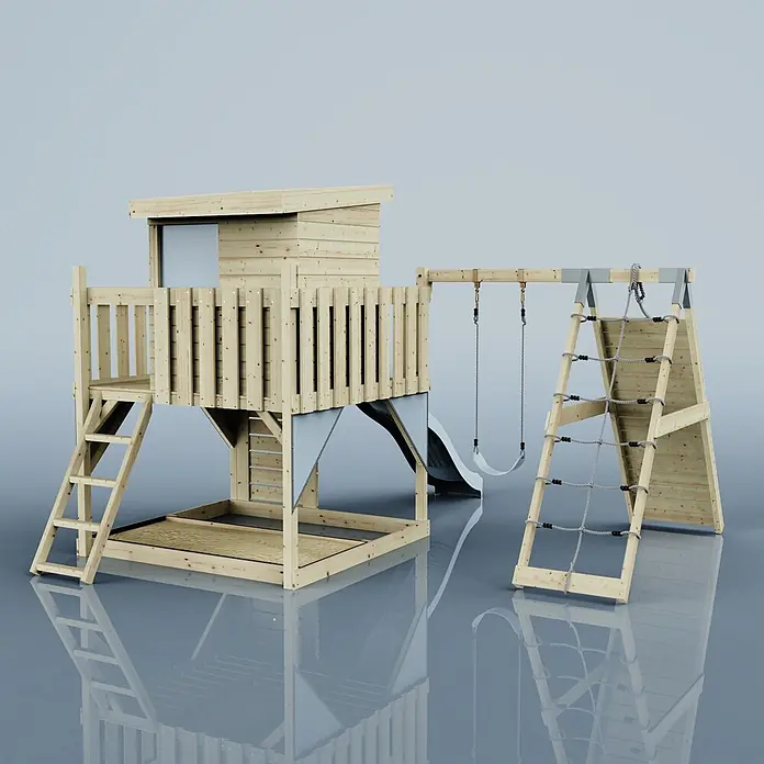 OutdoorToys Kinderspielturm Freja Kinderschaukel; - Holz, Blau - Hölzernes Kinderspielgerät mit erhöhtem Spielhaus, Leiter, Sandkasten, Rutsche, Schaukel und Kletternetz.