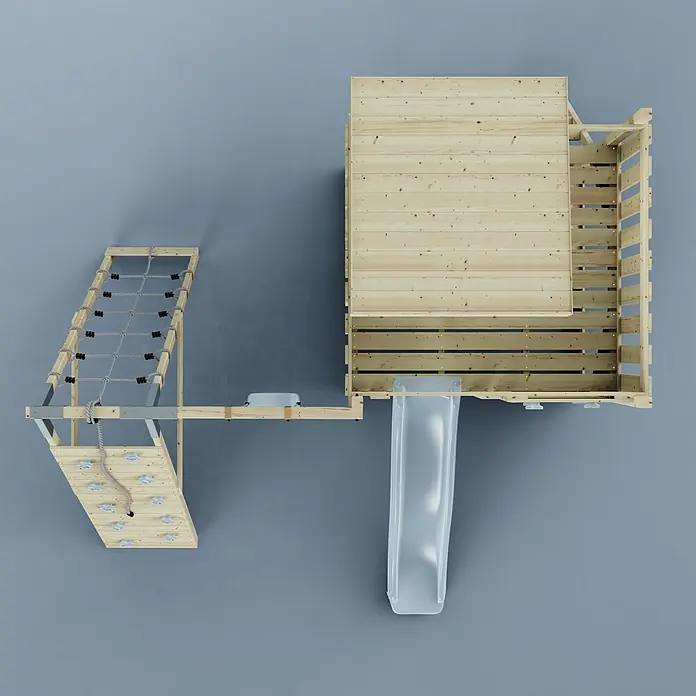 OutdoorToys Kinderspielturm Freja Kinderschaukel; - Holz, Blau - Spielturm aus Holz mit Kletternetz, Kletterwand und transparenter Rutsche, Draufsicht.