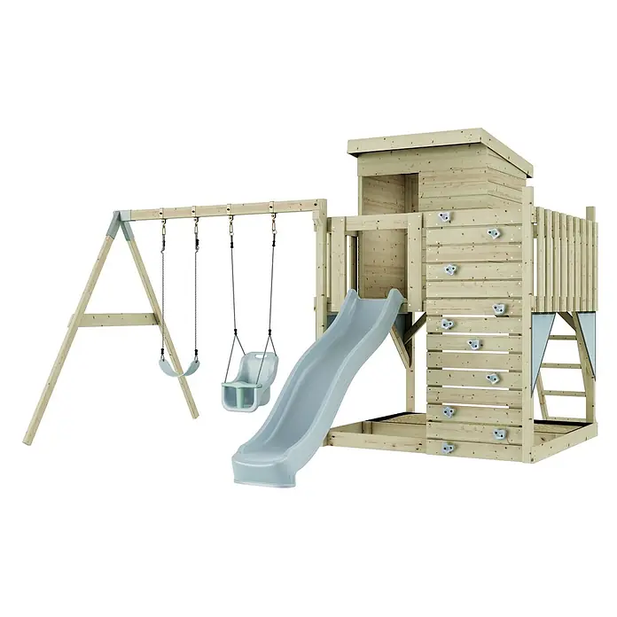 OutdoorToys Kinderspielturm Björn - L x B x H: 396 x 415 x 261 cm, Blau - Spielplatz aus hellem Holz mit Schaukeln, Rutsche, Kletterwand und Spielhaus.