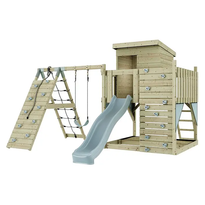OutdoorToys Kinderspielturm Freja Kinderschaukel; - Holz, Blau - Spielturm aus Holz mit Rutsche, Kletterwand, Strickleiter und Schaukeln.