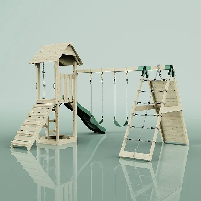 OutdoorToys Kinderspielturm Kiruna - L x B x H: 357 x 38 x 274 cm, Grün - Spielturm aus Holz mit Rutsche, zwei Schaukeln und Kletternetz.