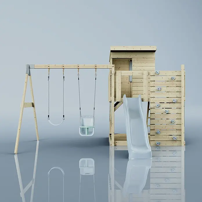 OutdoorToys Kinderspielturm Björn - L x B x H: 396 x 415 x 261 cm, Blau - Holzspielturm mit A-Rahmen-Schaukel (zwei Schaukeln), Spielturm, Rutsche und Kletterwand mit Klettergriffen.