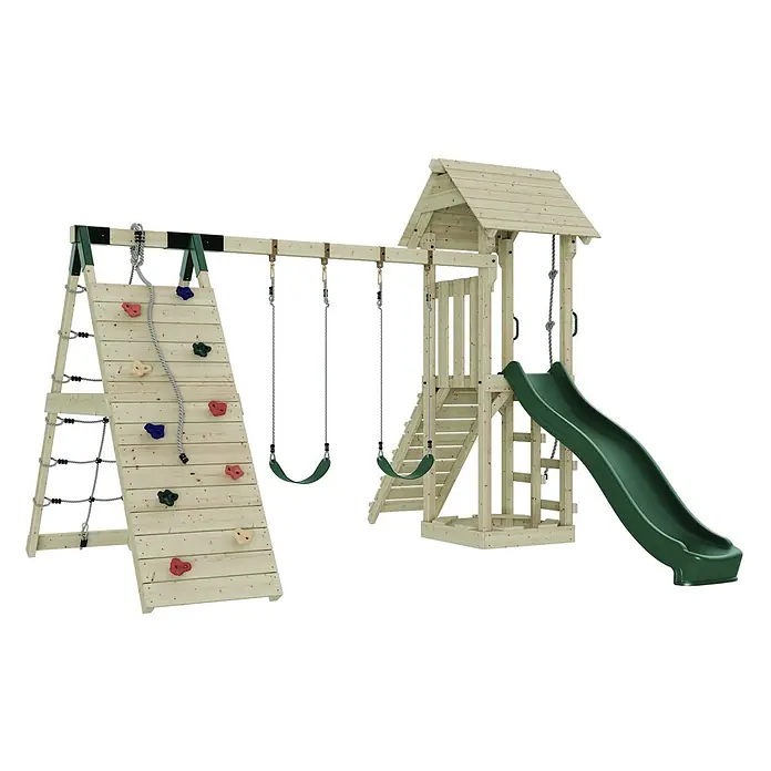 OutdoorToys Kinderspielturm Kiruna - L x B x H: 357 x 38 x 274 cm, Grün - Spielturm aus hellem Holz mit grüner Rutsche, zwei Schaukeln, Kletterwand mit bunten Griffen und Seilleiter.