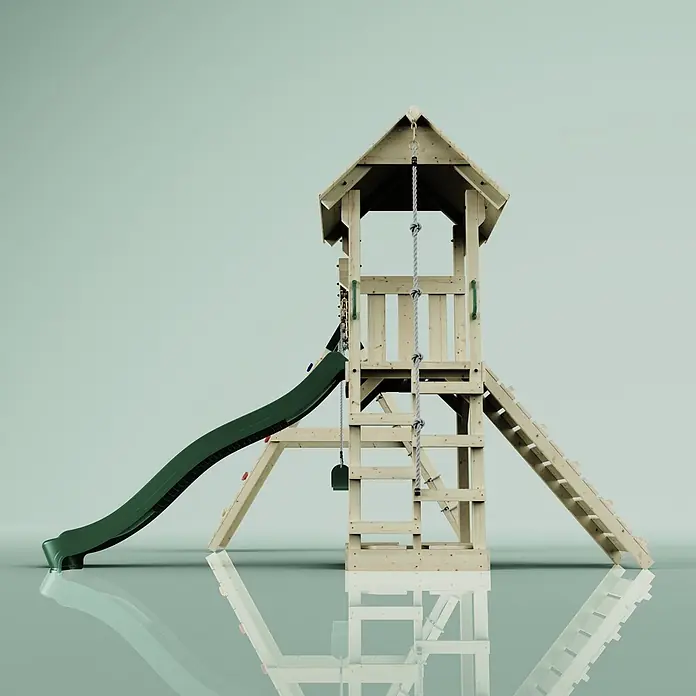 OutdoorToys Kinderspielturm Kiruna - L x B x H: 357 x 38 x 274 cm, Grün - Holzspielplatz mit grüner Rutsche, Kletterseilen und Leitern, für Kinder im Freien konzipiert.