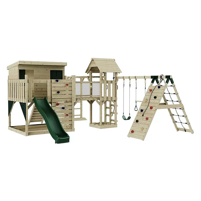 OutdoorToys Kinderspielturm Polarplay Malin - L x B x H: 562 x 503 x 274 cm, Grün - Hölzernes Outdoor-Spielset: Festung, Rutsche, Schaukel, Kletterwand mit Seil und Kletternetz. Mit grünen Akzenten und Kreidetafeln.