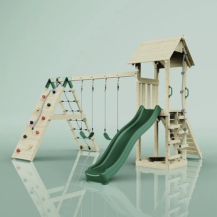 OutdoorToys Kinderspielturm Kiruna - L x B x H: 357 x 38 x 274 cm, Grün - Holzspielplatz-Set mit grüner Rutsche, Schaukeln, Kletterwand mit Griffen, Seilnetz und Turm.