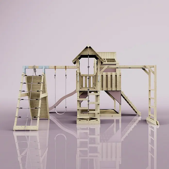 OutdoorToys Kinderspielturm Polarplay Tammo - L x B x H: 490 x 503 x 291 cm, Rosa - Hölzerner Spielplatz mit Kletternetz, zwei Schaukeln, Rutsche, Kletterseil und integriertem Sandkasten.