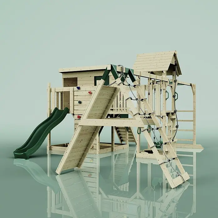 OutdoorToys Kinderspielturm Polarplay Malin - L x B x H: 562 x 503 x 274 cm, Grün - Multifunktionaler Holzspielplatz mit grüner Rutsche, Kletterwand, Strickleiter und Schaukeln für Kinderspiele im Freien.