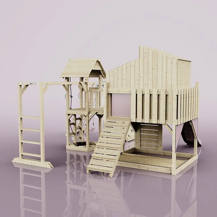 OutdoorToys Kinderspielturm Polarplay Tammo - L x B x H: 490 x 503 x 291 cm, Rosa - Hölzerner Kinderspielturm mit Rutsche, Kletterwand, Reckstange und Sandkastenbereich. Naturholz-Finish.