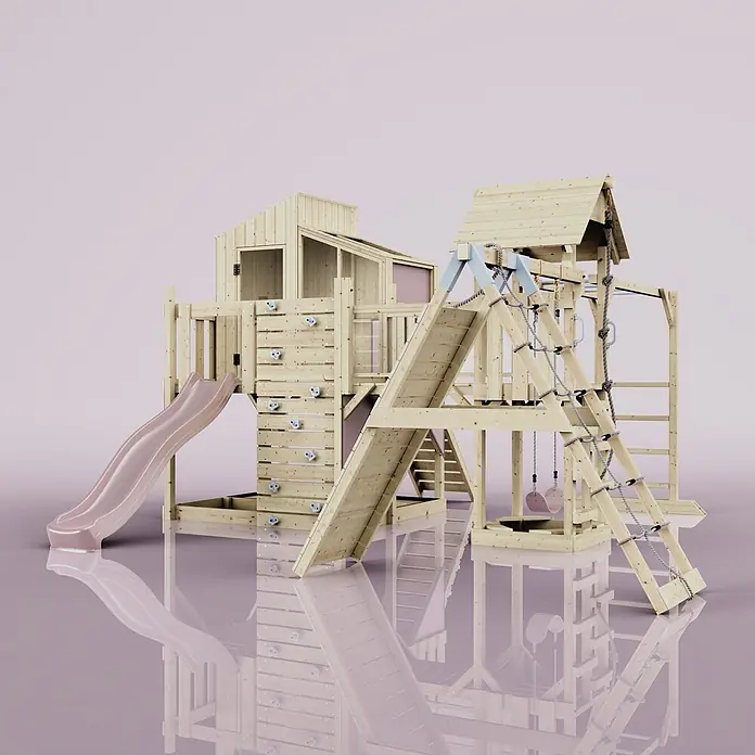 OutdoorToys Kinderspielturm Polarplay Tammo - L x B x H: 490 x 503 x 291 cm, Rosa - Multifunktionales Holzspielgerät mit Spielhaus, rosa Rutsche, Kletterwand, Schaukeln und Seilen für Spielspaß im Freien.