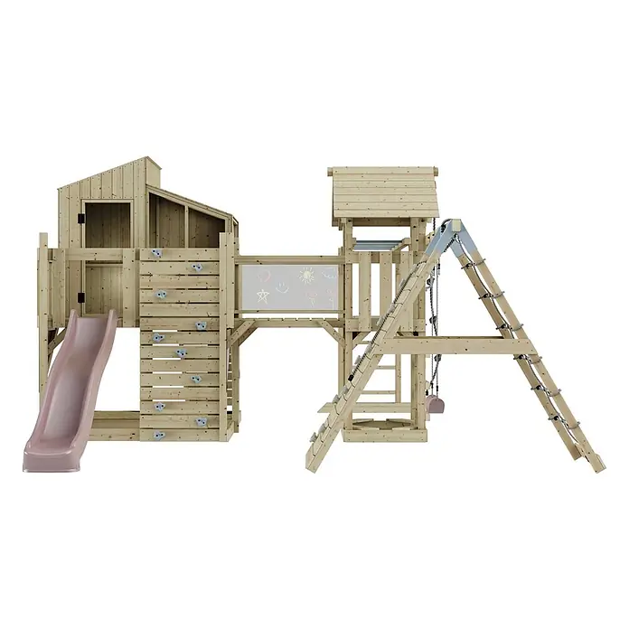 OutdoorToys Kinderspielturm Polarplay Tammo - L x B x H: 490 x 503 x 291 cm, Rosa - Hölzerner Kinderspielplatz aus hellem Holz mit rosa Rutsche, Kletterwand, Kreidetafel, Schaukeln und Seilleiter.