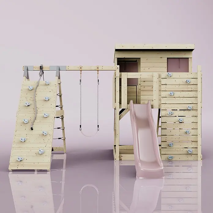 OutdoorToys Kinderspielturm Emil Kinderschaukel; - Holz, Rosa - Hölzernes Kinderspielgerät mit rosa Rutsche, zwei Schaukeln, Spielhaus und zwei Kletterwänden mit Seil und Griffen.