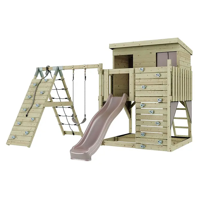 OutdoorToys Kinderspielturm Emil Kinderschaukel; - Holz, Rosa - Hölzerner Spielturm mit Rutsche, zwei Schaukeln, Kletterwand und Netz.