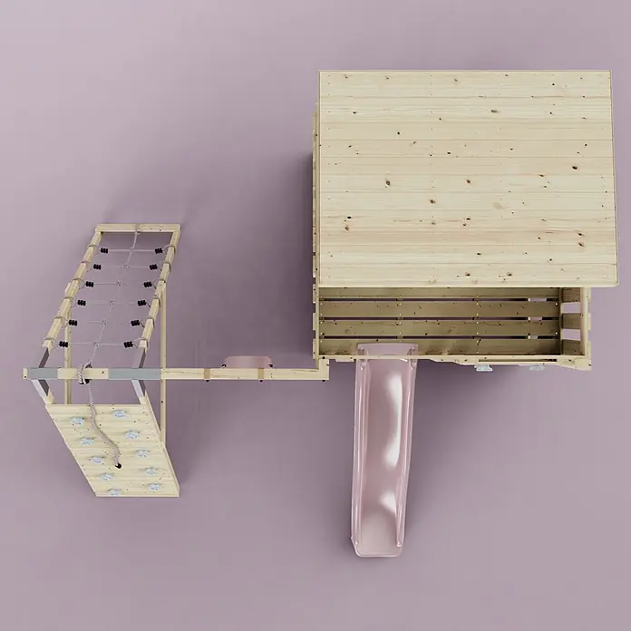 OutdoorToys Kinderspielturm Emil Kinderschaukel; - Holz, Rosa - Hölzernes Spielgerüst mit Kletternetz, Kletterwand und rosa Rutsche, von oben gesehen.