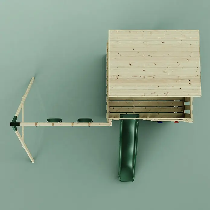 OutdoorToys Kinderspielturm Nils Kinderschaukel; - Holz, Grün - Draufsicht auf ein Holzspielhaus mit grüner Rutsche und Doppelschaukel.