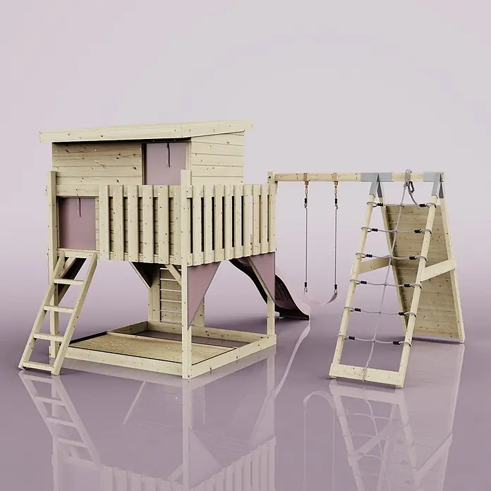 OutdoorToys Kinderspielturm Emil Kinderschaukel; - Holz, Rosa - Hölzernes Spielhaus-Spielset mit Rutsche, Schaukel und Kletternetz, mit rosa Stoffdetails.