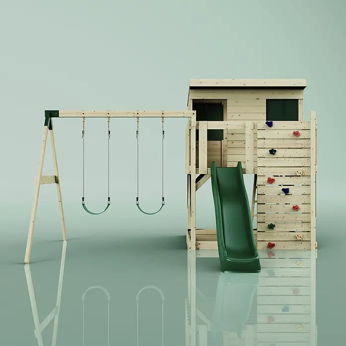 OutdoorToys Kinderspielturm Nils Kinderschaukel; - Holz, Grün - Holzspielplatz mit zwei grünen Schaukeln, einer dunkelgrünen Rutsche, einem Spielhaus und einer Kletterwand mit bunten Griffen.