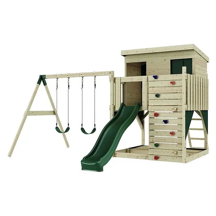 OutdoorToys Kinderspielturm Nils Kinderschaukel; - Holz, Grün - Spielturm aus Holz mit grüner Rutsche, zwei Schaukeln und Kletterwand mit bunten Griffen, inklusive Spielhaus.