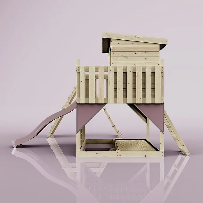 OutdoorToys Kinderspielturm Emil Kinderschaukel; - Holz, Rosa - Hölzernes Kinderspielhaus mit rosafarbener Rutsche und integriertem Sandkasten.