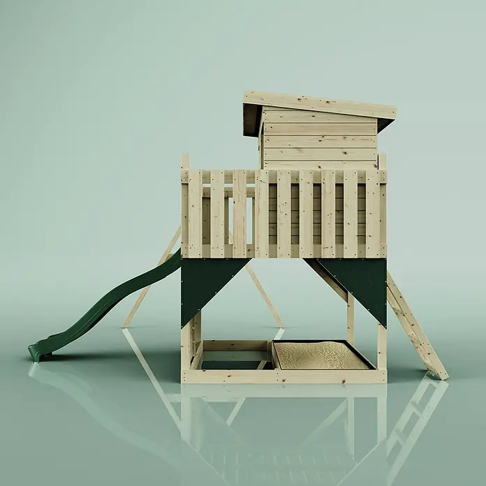OutdoorToys Kinderspielturm Nils Kinderschaukel; - Holz, Grün - Erhöhtes Holzspielhaus mit grüner Rutsche, Leiter und integriertem Sandkasten.