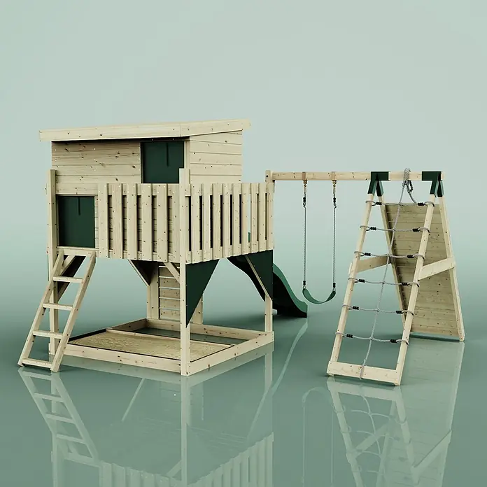 OutdoorToys Kinderspielturm Emil - L x B x H: 396 x 415 x 260 cm, Grün - Outdoor-Spielhaus aus Holz mit Leiter, Rutsche, Schaukel, Kletternetz und Sandkasten. Helles Holz mit dunkelgrünen Details für Kinderspiel.