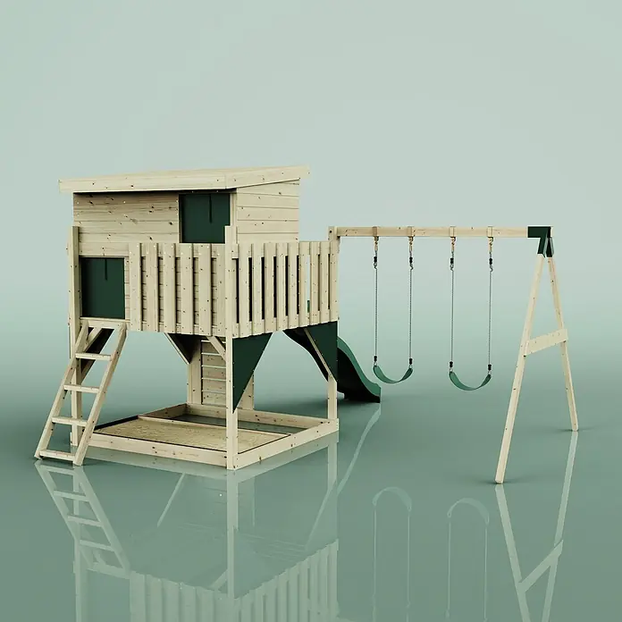 OutdoorToys Kinderspielturm Nils Kinderschaukel; - Holz, Grün - Hölzernes Kinderspielset mit erhöhtem Spielhaus, dunkelgrüner Rutsche und zwei Schaukeln.