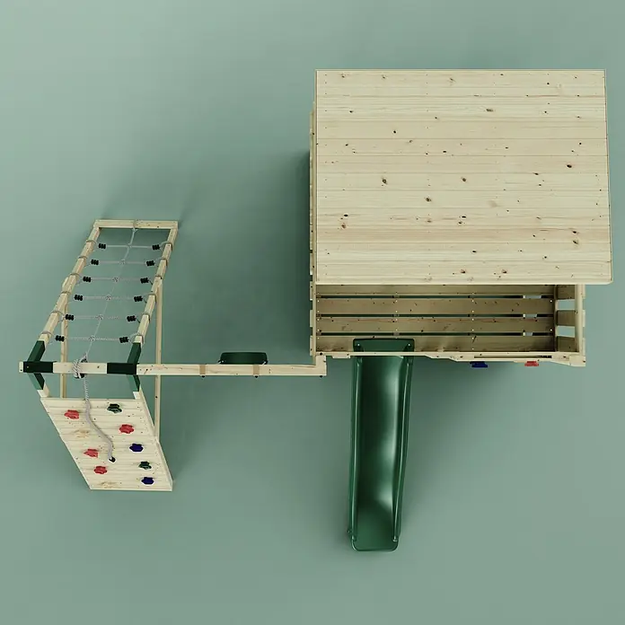OutdoorToys Kinderspielturm Emil - L x B x H: 396 x 415 x 260 cm, Grün - Spielturm aus Holz mit Haus, grüner Rutsche, Kletternetz und Kletterwand mit bunten Griffen.