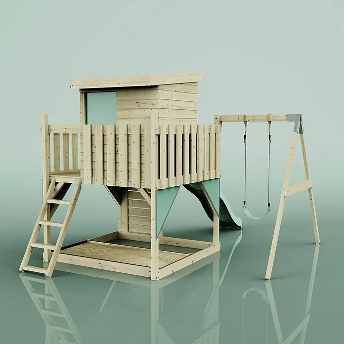 OutdoorToys Kinderspielturm Alma - L x B x H: 306 x 415 x 260 cm, Grün - Holzspielhaus mit mintgrüner Rutsche, Schaukeln, Leiter und integriertem Sandkastenbereich.