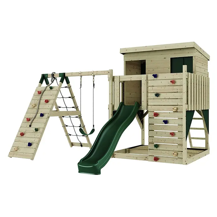OutdoorToys Kinderspielturm Emil - L x B x H: 396 x 415 x 260 cm, Grün - Hölzernes Outdoor-Spielgerät mit Kletterwand, Netzleiter, Rutsche und Schaukeln.