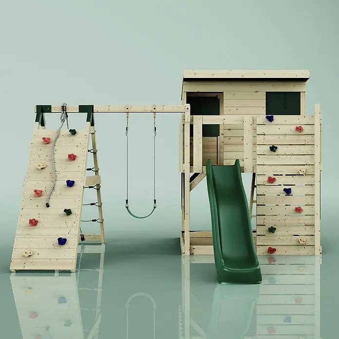 OutdoorToys Kinderspielturm Emil - L x B x H: 396 x 415 x 260 cm, Grün - Hölzernes Outdoor-Spielset mit grüner Rutsche, mehreren Kletterwänden mit bunten Griffen und einer Schaukel.