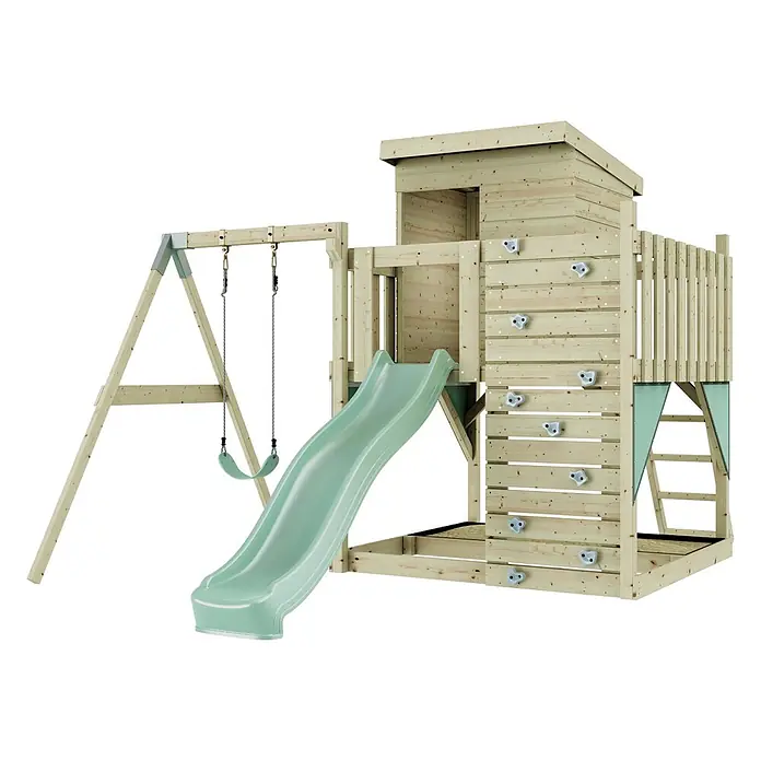OutdoorToys Kinderspielturm Alma - L x B x H: 306 x 415 x 260 cm, Grün - Spielturm aus Holz mit hellgrüner Rutsche, zwei Schaukeln und einer Kletterwand mit grauen Griffen.