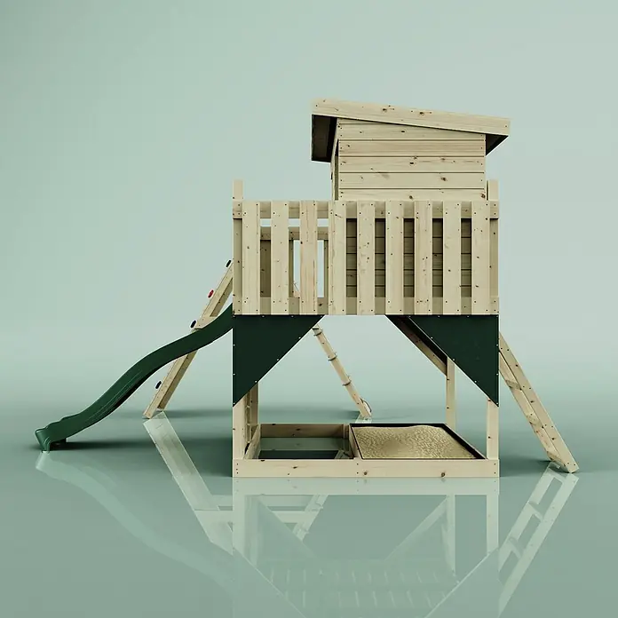 OutdoorToys Kinderspielturm Emil - L x B x H: 396 x 415 x 260 cm, Grün - Kinderspielturm aus Holz mit grüner Rutsche, Kletterwand und Sandkasten.